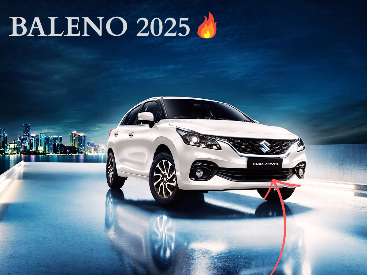 2025 Maruti Suzuki Baleno with bold design and cityscape backdrop